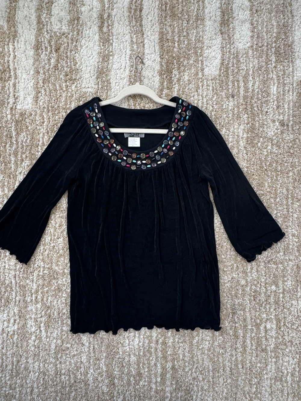 Slinky Brand Black Embellished Scoop Neck Blouse multi color Beaded